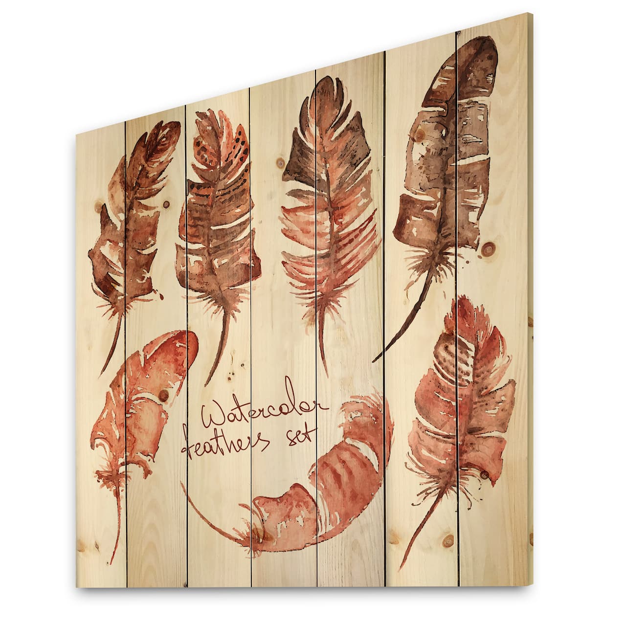 Designart - Boho Feather Icons - Bohemian & Eclectic Print on Natural Pine Wood